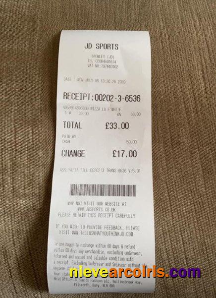 JD sports store payment receipt